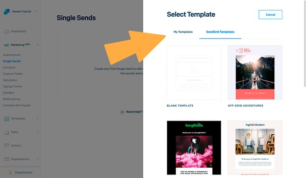 Select a template SendGrid