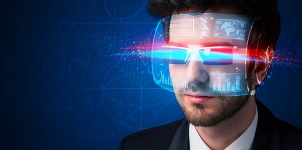 Man with future high tech smart glasses concept